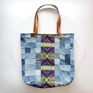 NEW Denim Tote Bag with Leather Straps - Bright Colors Farmers Market Day Trip